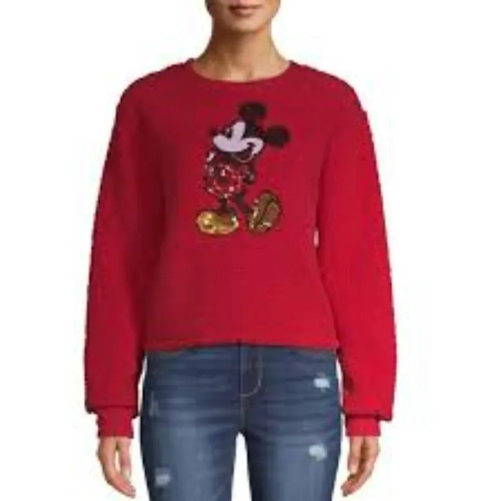 Disney Women's Sequin Mickey Mouse Nubby Fleece Sweatshirt Size Small